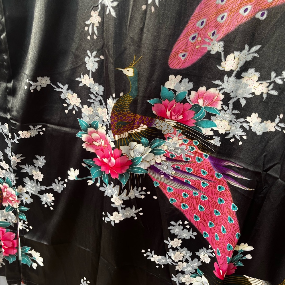 Babeyond Black Satin Kimono Robe Peacock Floral Design. 54” long - Picture 8 of 10